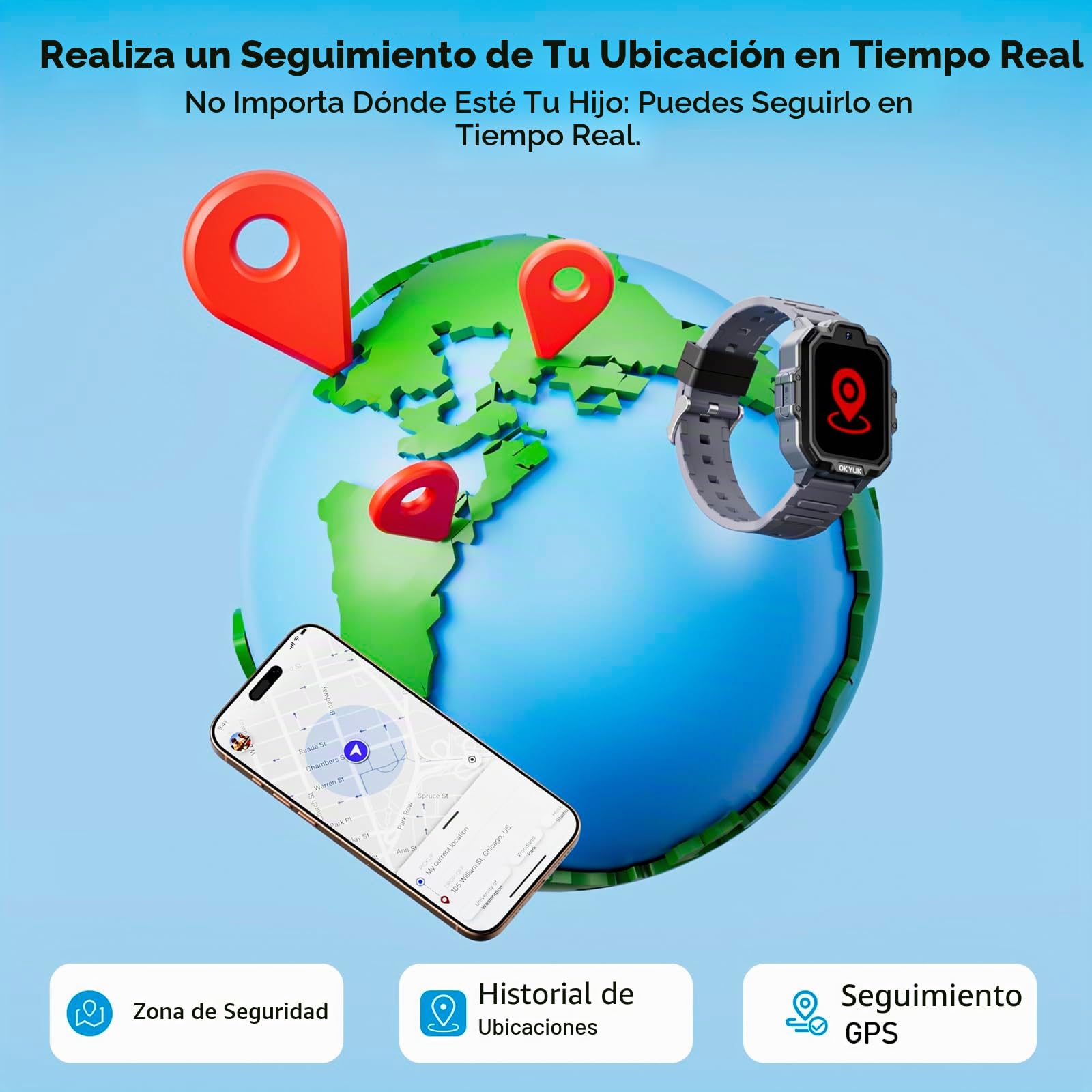 OKYUK Reloj Inteligente T17 4G para niños, Reloj GPS con función SOS, videollamada/Llamada telefónica/Chat de Voz/SMS, podómetro, Modo de Clase, cámara, Juegos de Rompecabezas, Reloj Inteligente para