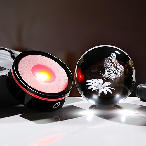 Miniatura 4 de YWHL Figura de mariposa y flor de bola de cristal 3D con base LED colorida, regalos de mariposa láser para mujeres y hombres en cumpleaños de