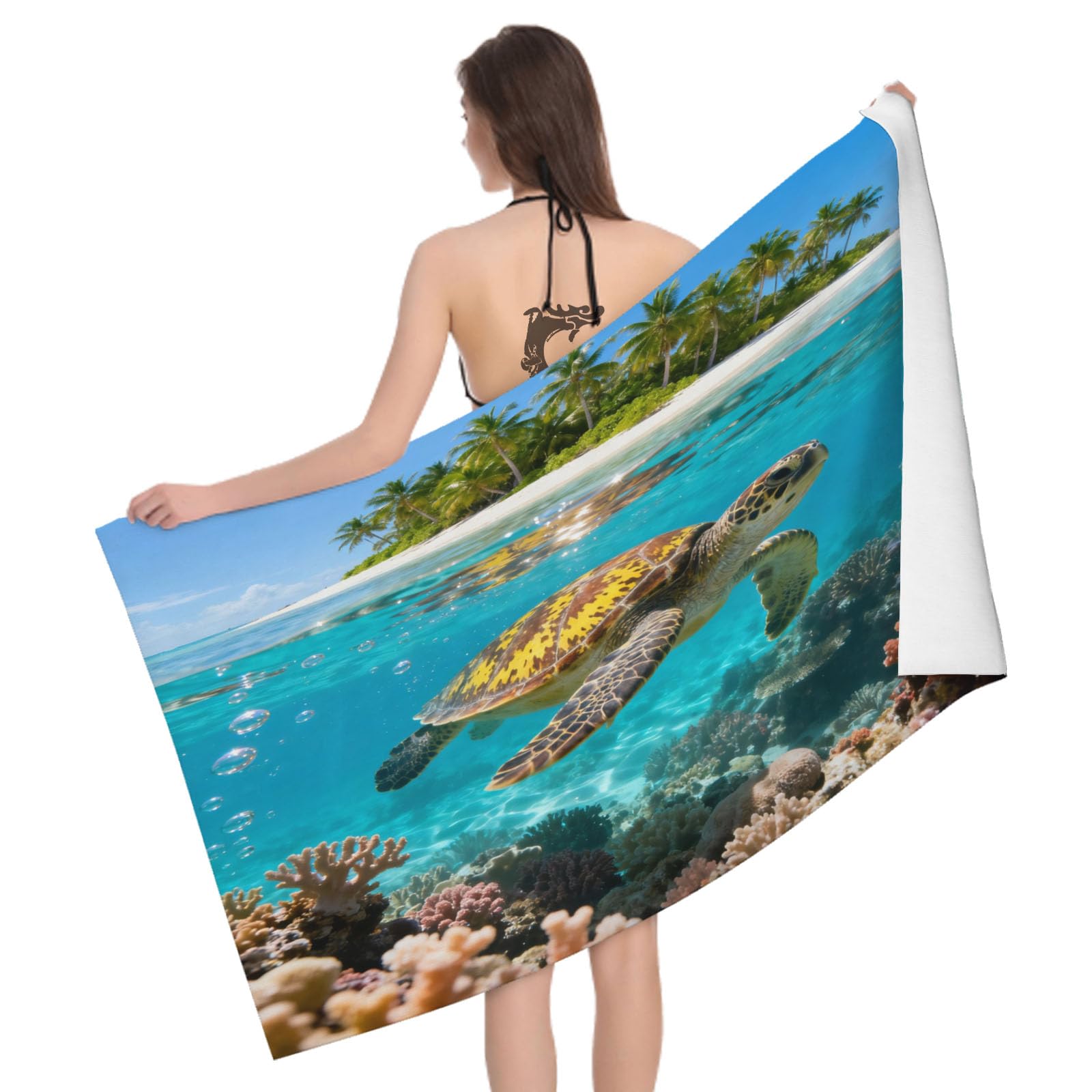 Leichong 3D Sea Turtle Beach Towel Microfiber Soft Quick Dry for Adults, Marine Life Bath Towel Lightweight Soft Absorbent for Travel Swimming Pool Sports, 75 x 150 cm