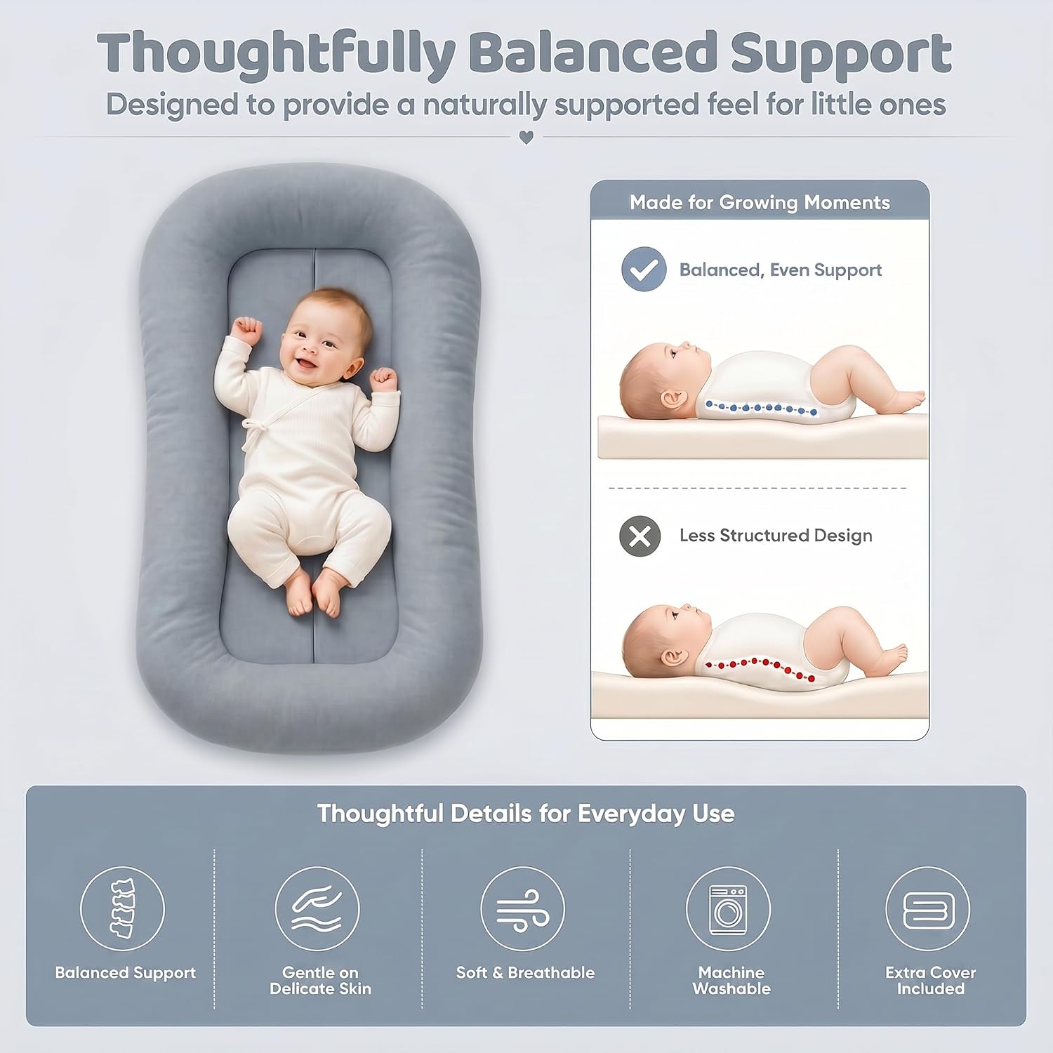 Infant Support Cushion - Breathable Cotton Baby Support Cushion for Babies 0-24 Months, Portable Tummy Time Mat for Home & Travel, Machine Washable, Perfect Baby Registry Gift, Grayish Blue