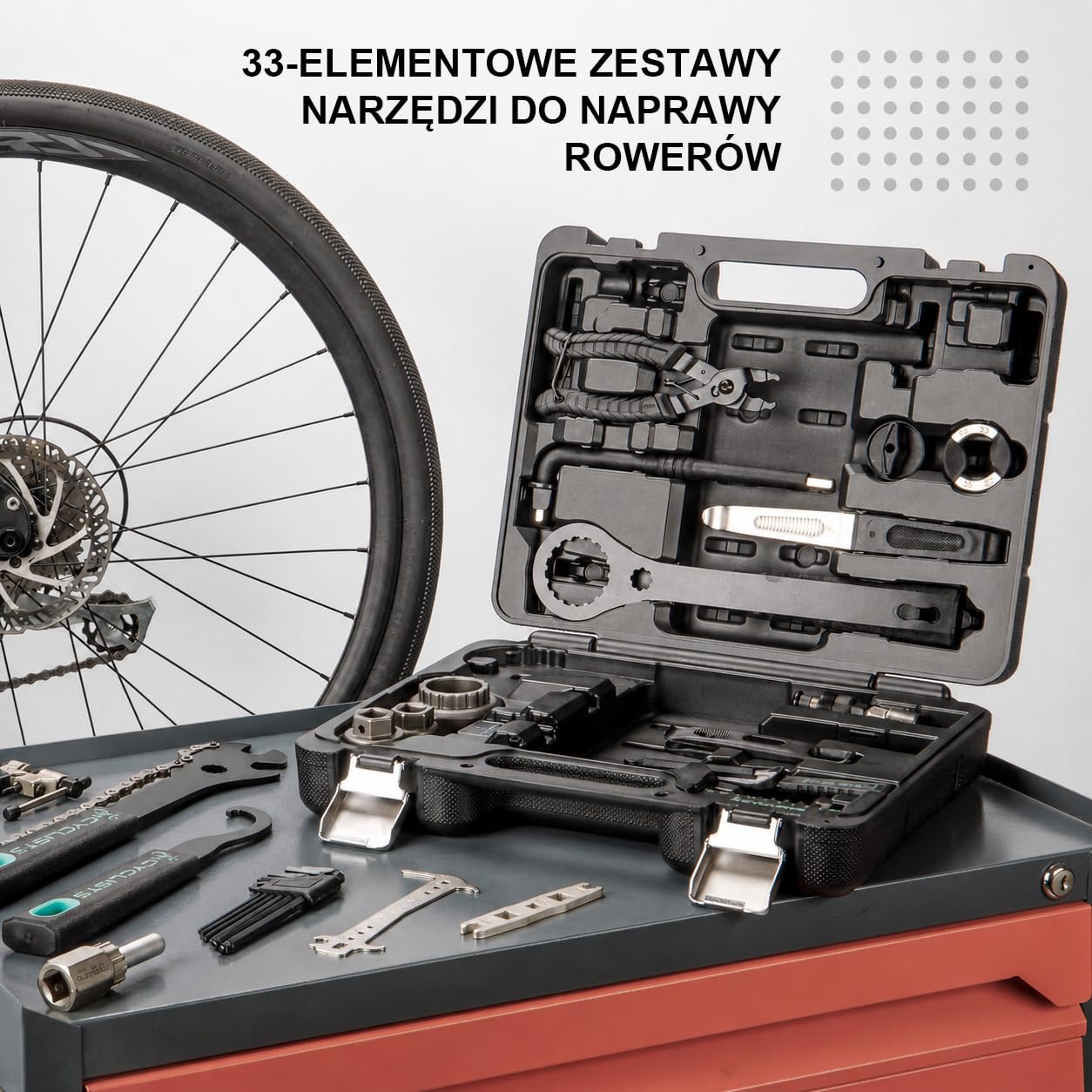 cyclists Profesjonalny zestaw narzędzi do rowerów elektrycznych – 33-częściowy zestaw narzędzi do naprawy rowerów wyścigowych i górskich, do naprawy opon, hamulców, łańcuchów, pedałów i ściągaczy