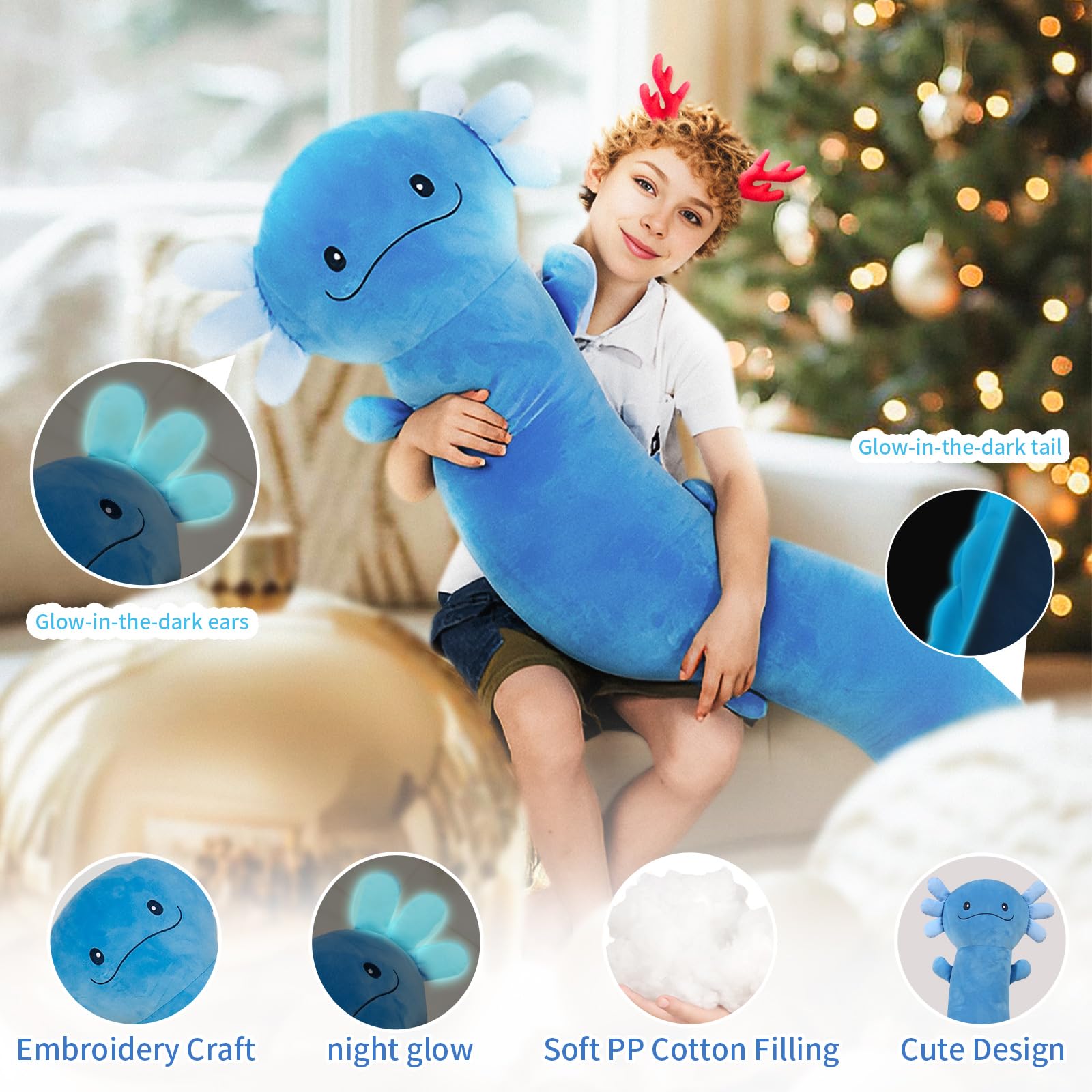 Dalmao 120cm Riesen Axolotl Plüsch Gefülltes Tier, Große Blau Axolotl -Kissen -Kissenspielzeug im Dunklen, Riesigen Schlaftkissen für Kinder, Geburtstag, Ostern