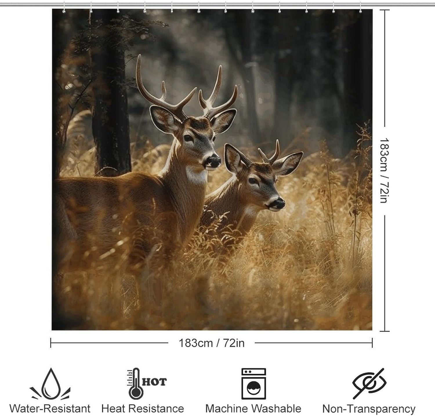 Nature Wild Animal Deers Shower Curtain Set 4 Piece, Non-Slip Bath Mat with Toilet Lid Cover and Waterproof Shower Curtain with 12 Hooks, Complete Bathroom Set for Home Decor