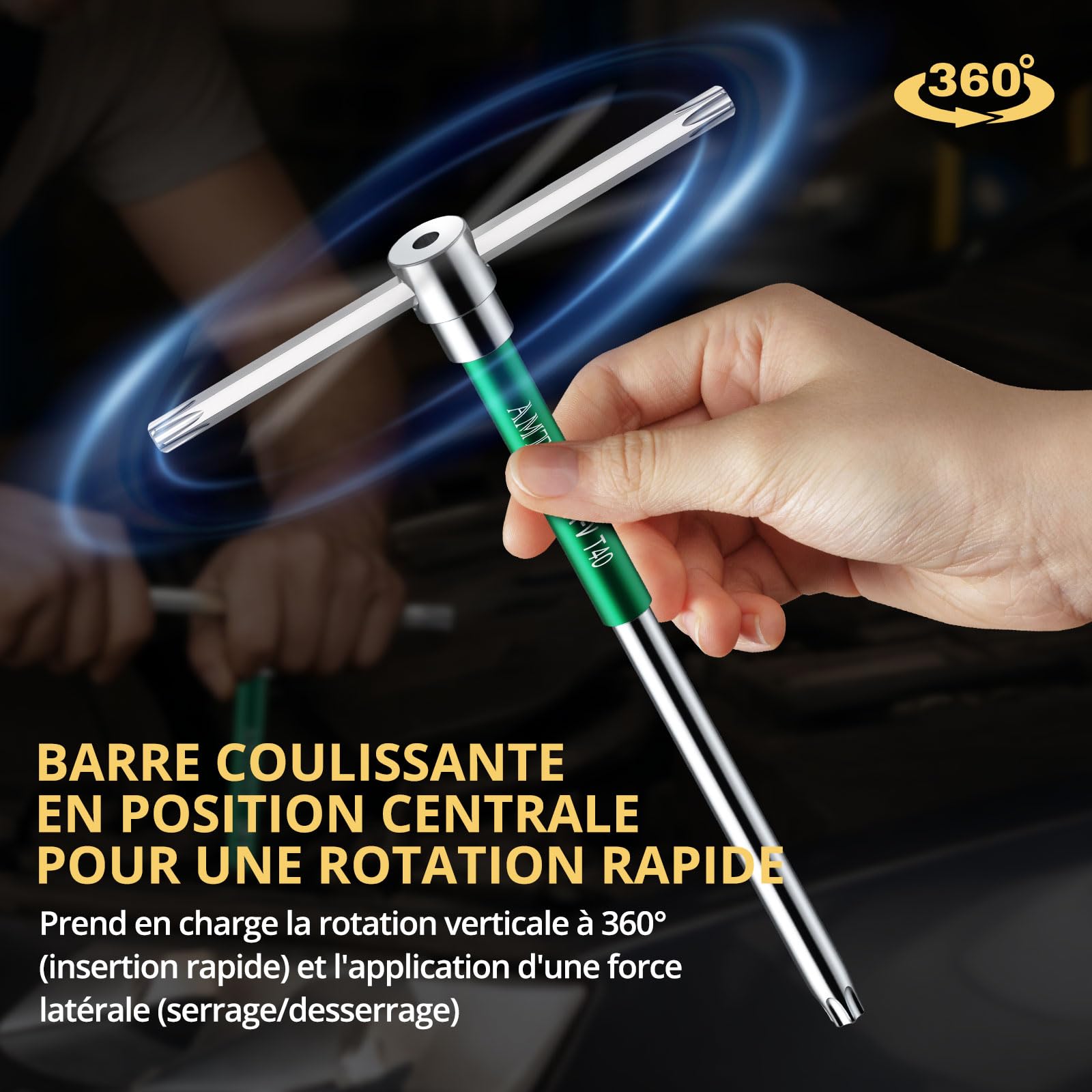 AMTOVL 10PCS Clés Torx à Poignée en T avec Rack de Stockage T10-T55 Jeu de Clés à Poignée en T Rotation Rapide Outil de Tournevis Matériau CRV Chromé - Vert