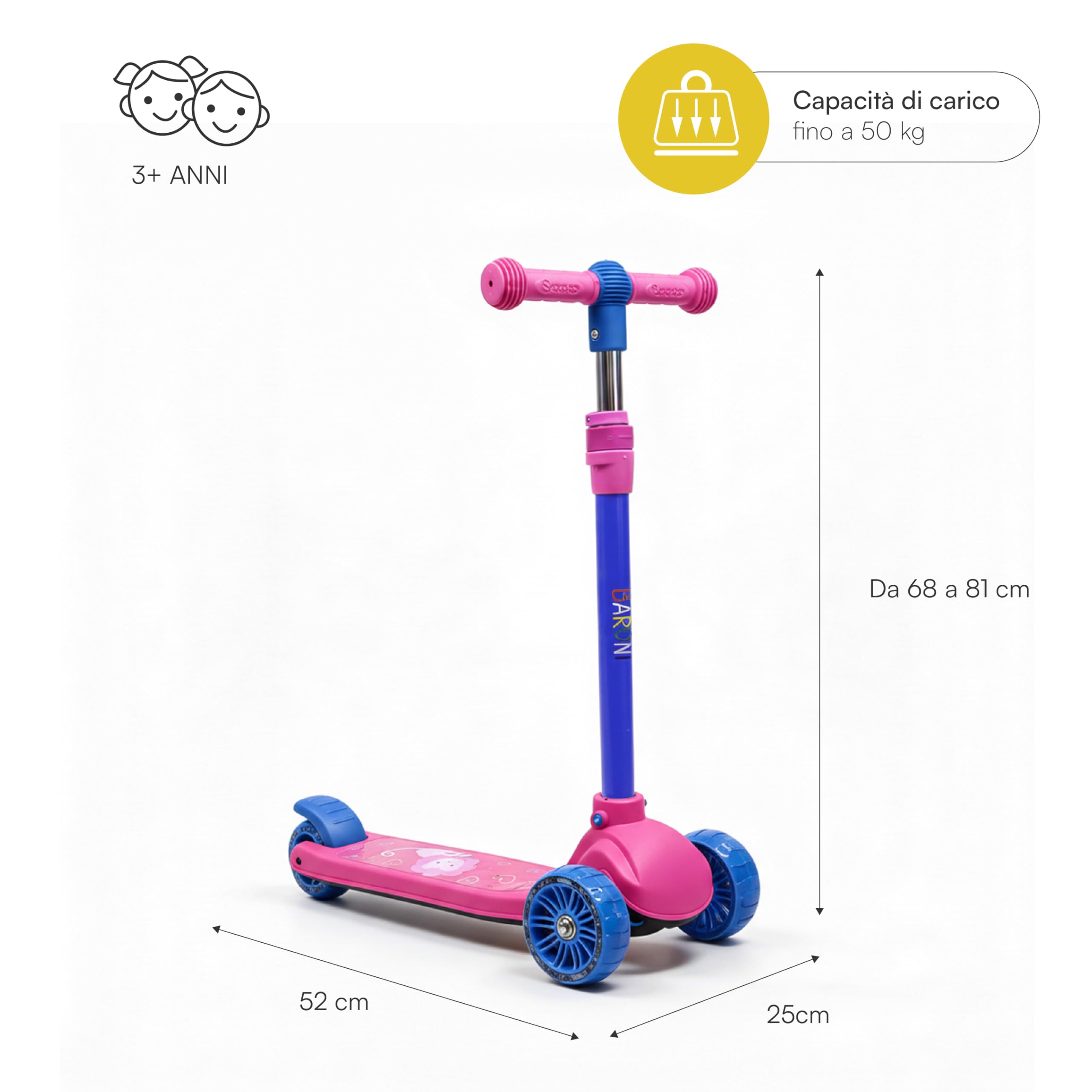 Baroni Toys Monopattino 3 Ruote per Bambini dai 3 Anni, Ruote LED Luminose Senza Batterie, Manubrio Regolabile in 3 Altezze, Freno Posteriore, Design Ergonomico e Stabile, 52x25x81cm