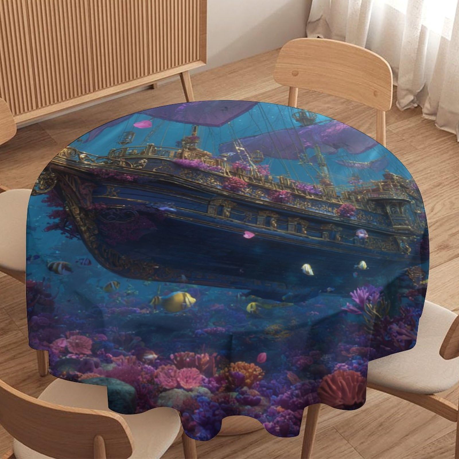 Luyysky Fantasy Vintage Pirate Ship Round Tablecloth Classic Rustic Nautical Ocean Underwater Animal Fish Coral Washable Decor For Table Cover For Kitchen-177.8" Wx177.8 L Cm