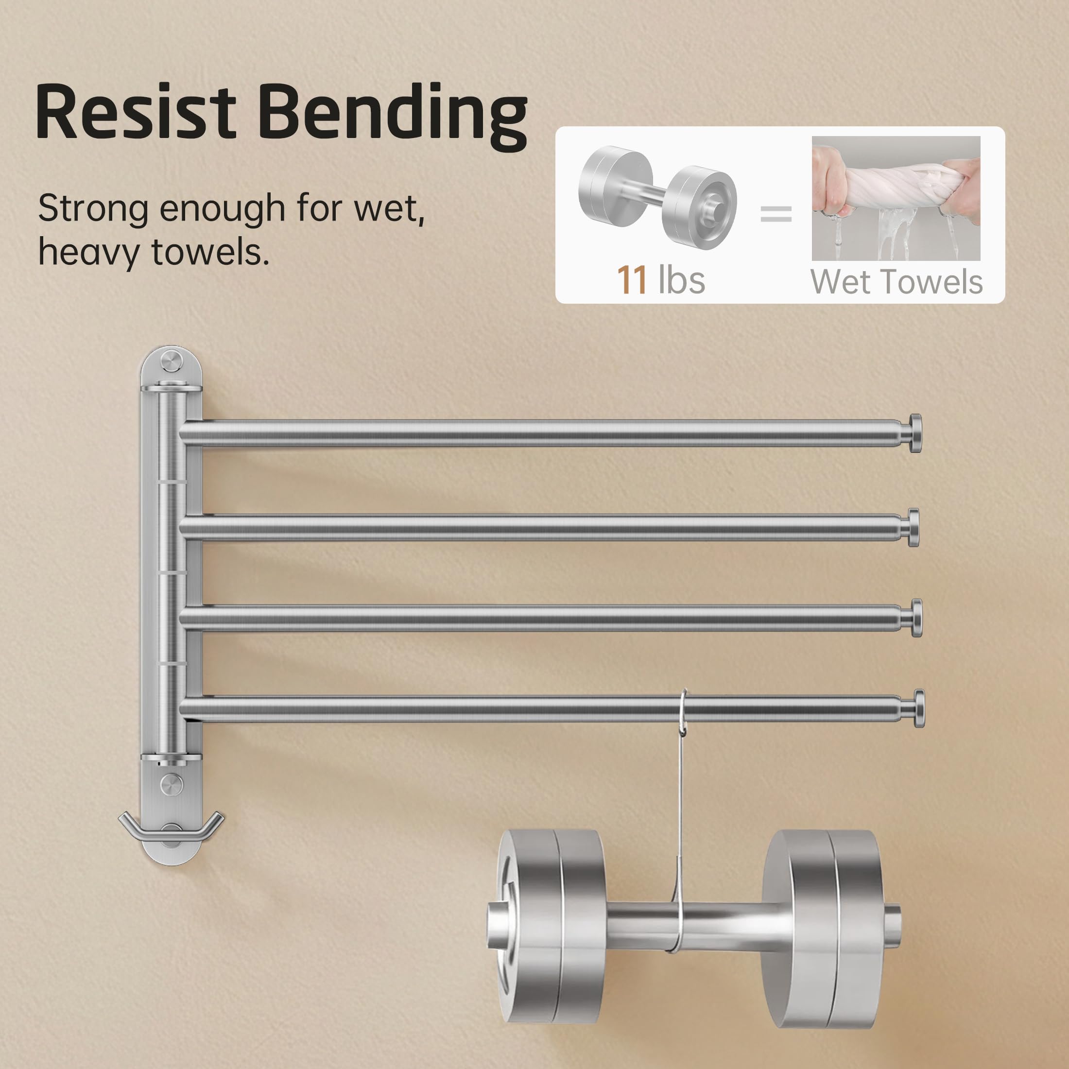 KES Toallero giratorio ajustable de 14.5 a 27.5 pulgadas, 4 brazos, barra de toalla oscilante para baño, toallero oscilante para toallas de baño, acabado cepillado de acero inoxidable 18/8, A2107S4L70
