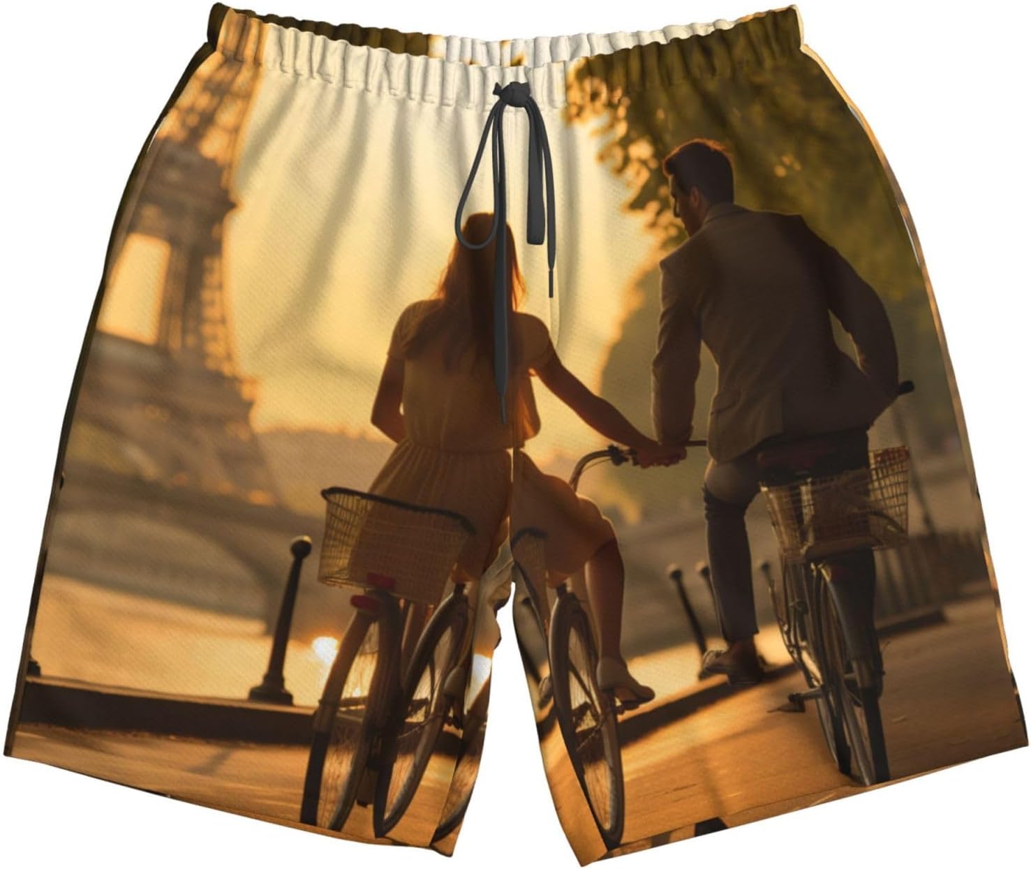 Mens Romantic Paris Eiffel Tower Bycicle Print Beach Shorts,Casual Summer Shorts for Men,Quick Dry Polyester