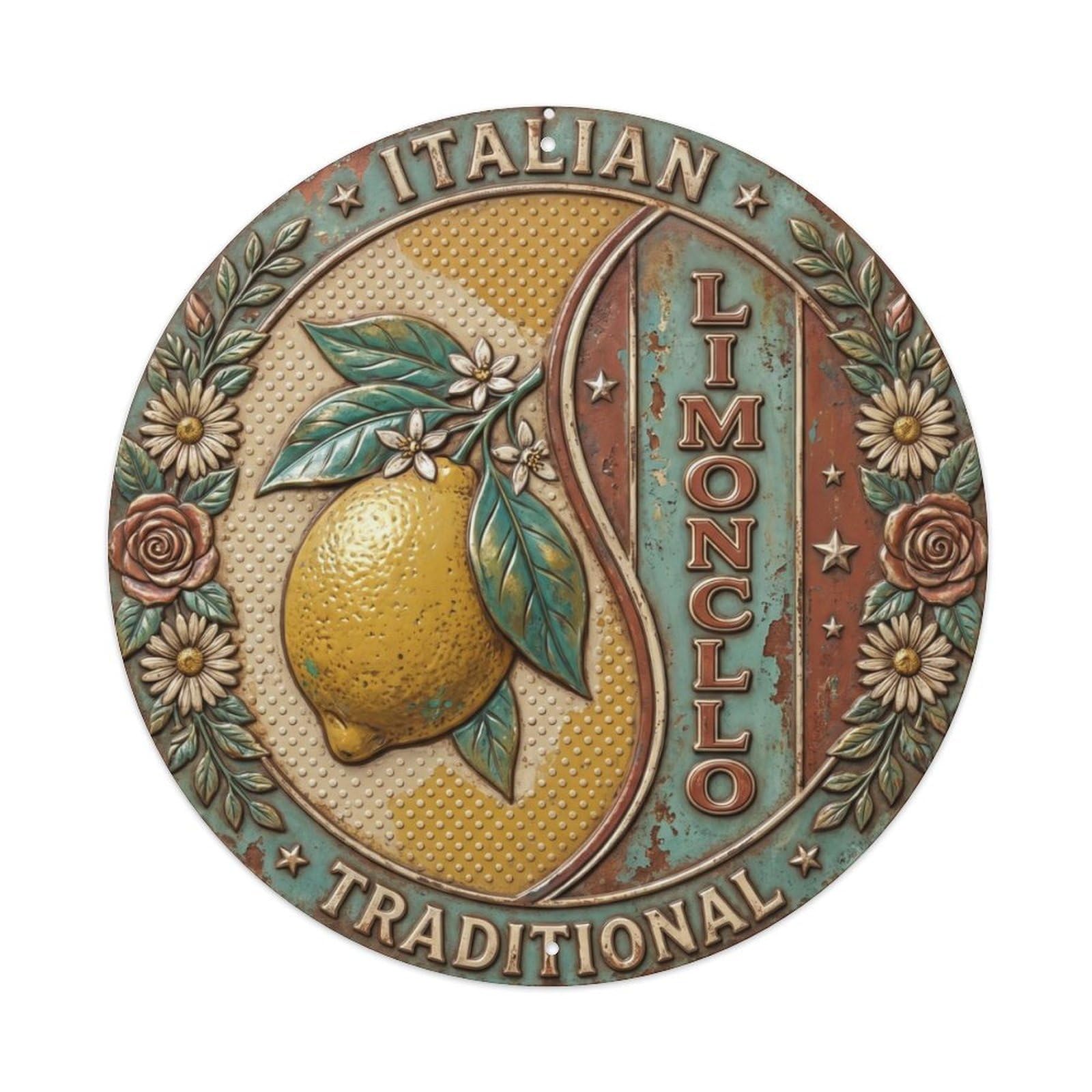 Rustic Mediterranean Citrus Emblem Metal Tin Sign Plaque Wall Decor for Cafe, Club Bar, Office, Home Garden Round Metal Poster 8x8Inch