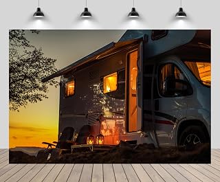 10x8ft RV Camping Backdrop Class C Motorhome Camper Van Wooden Chair Camp Lamp Sunset Scenery Background Travel Camp Wedding Birthday Party Decor Portrait Photo Studio Props Wallpaper