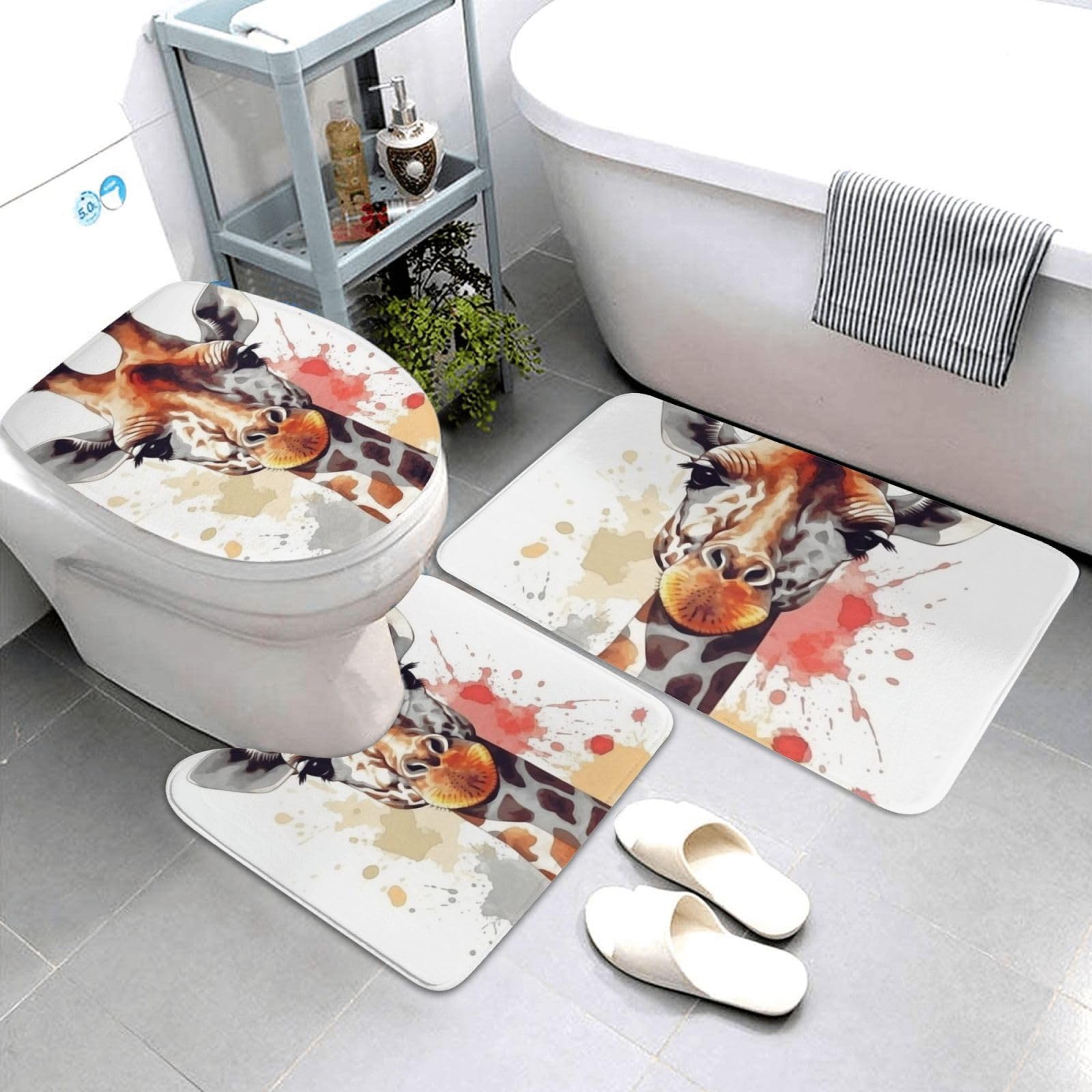 Dwrepo Stylish Animal Watercolor Giraffe Print Bathroom Rug Set 3 Piece with Non-Slip U-Shaped Contour Mat and Toilet Lid Cover for Bathroom Decoration