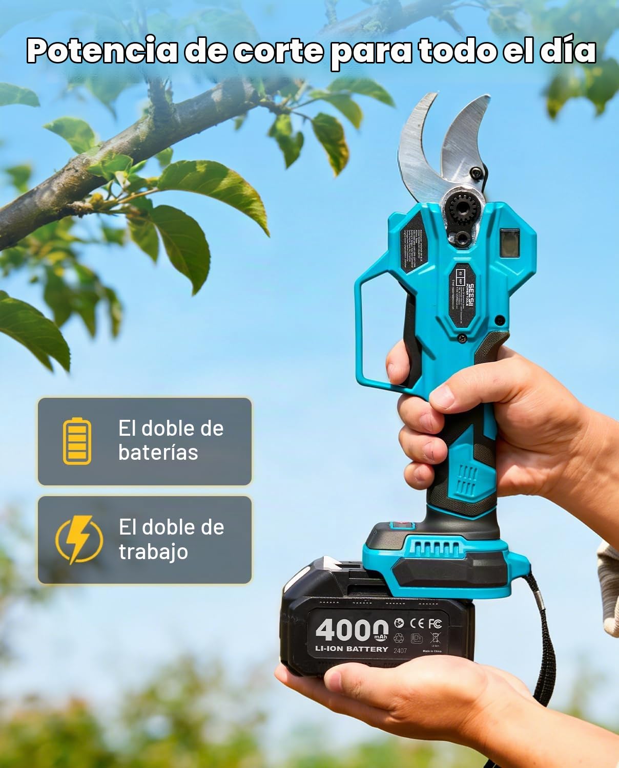 Tijeras de poda de altura 2 en 1 SEESII: Podadora eléctrica inalámbrica con diámetro de corte de 40 mm, 2 * 4,0 Ah, cuchilla SK5 adicional y 4 modos de corte ajustables para árboles y flores.