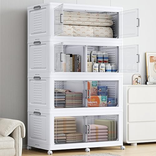 BROVIEW 800Qt Stackable Storage Bins with Lid & Wheels, 4Pack Extra Large Plastic Containers with Compartments Closet Organizers and Storage Cabinet