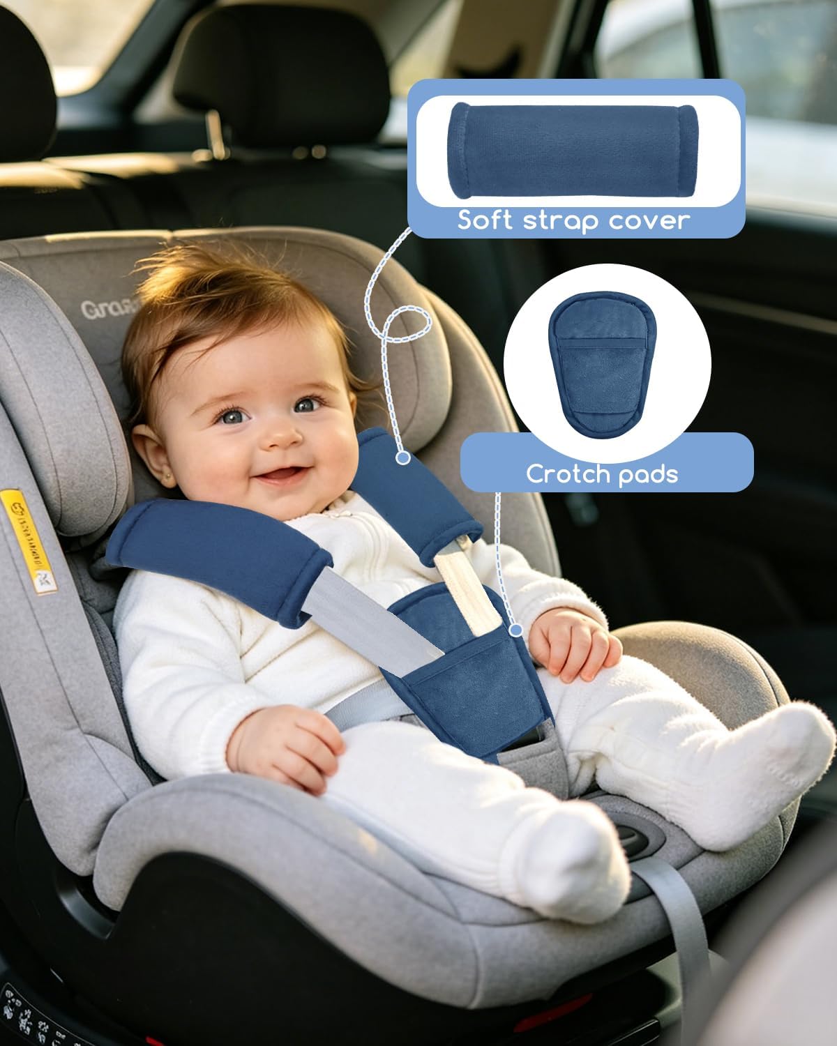 Newborn Swaddle Sash, Soft Muslin Bow Decorative Strap for Swaddles,Car Seat Straps Pads for Baby Boys 3 Pieces,Super Soft Car Seat Strap Covers Kids,Blue