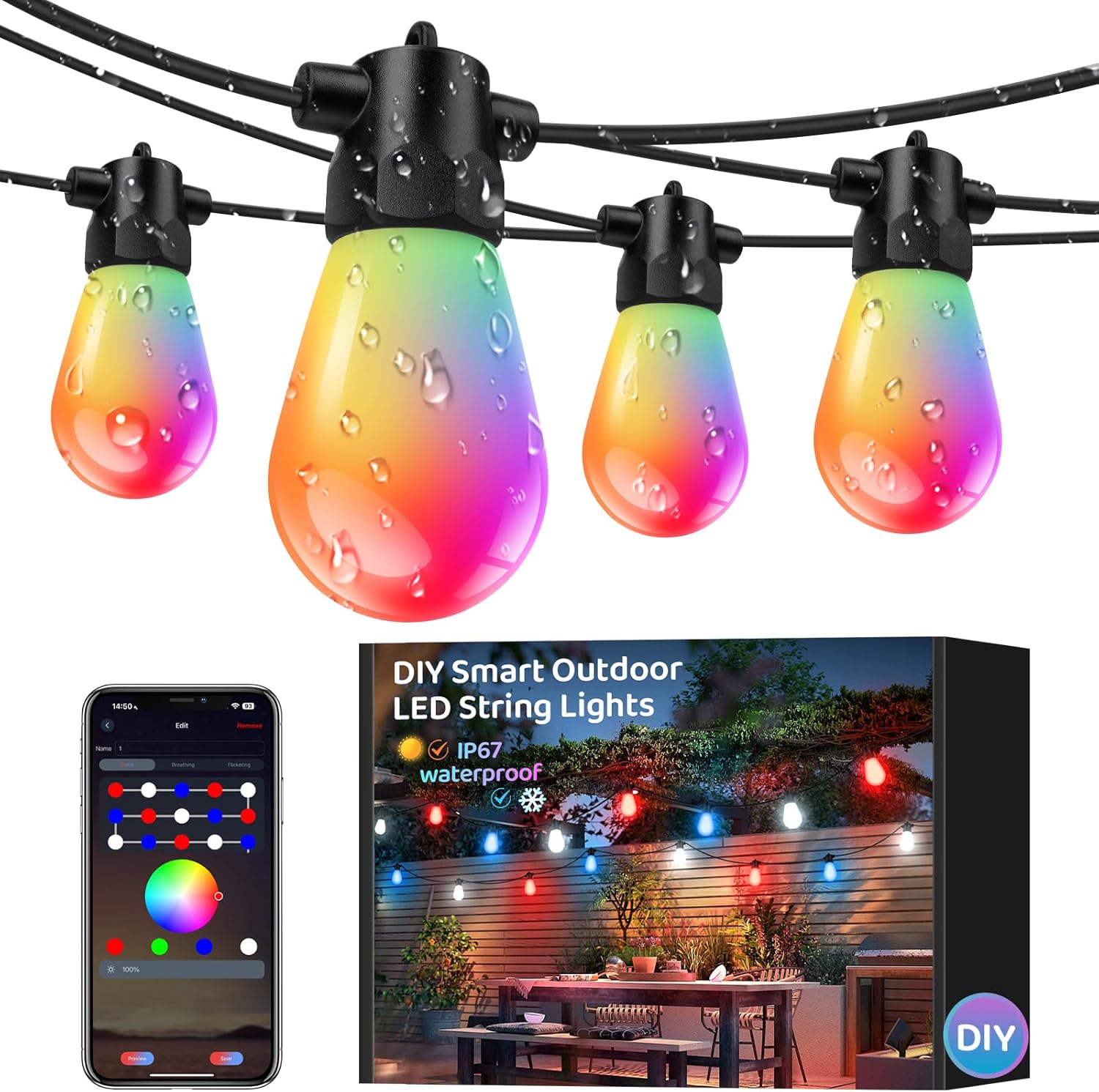 IP67 Waterproof DIY Design 100FT 30LEDS Smart RGB+IC Outdoor String Lights,Color Changing Bluetooth S14 LED Patio Lights with Remote&APP for Outside