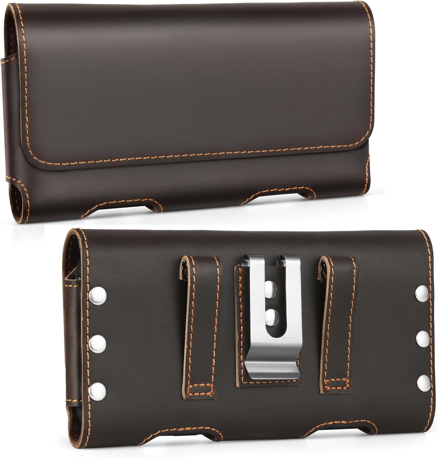 BECPLT Genuine Leather Phone Holster with Belt Clip for iPhone 17 Pro Max 16 Pro Max 15 Pro Max 15 Plus 14/13/12 Pro Max Galaxy S25+ S24+ S23+ S22+ S21+ S24 FE Cell Phone Pouch Belt Holder -Dark Brown