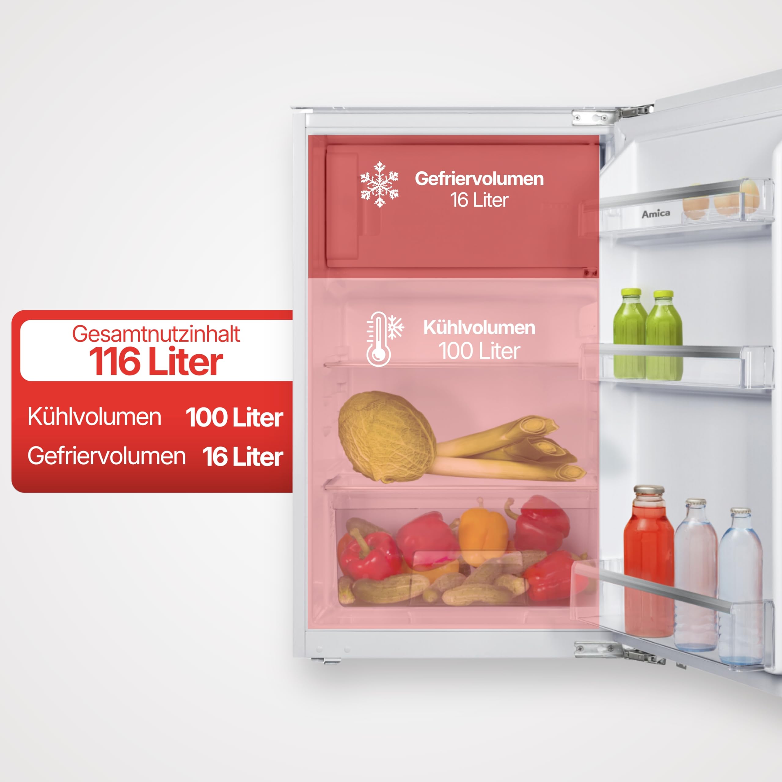 Amica Einbau‑Kühlschrank mit Gefrierfach Festtür‑Technik 880 mm Nische elektronische Steuerung Inverter‑Motor LED Beleuchtung 87,1 x 54 x 54 cm – Einbau Kühl Gefrierkombination