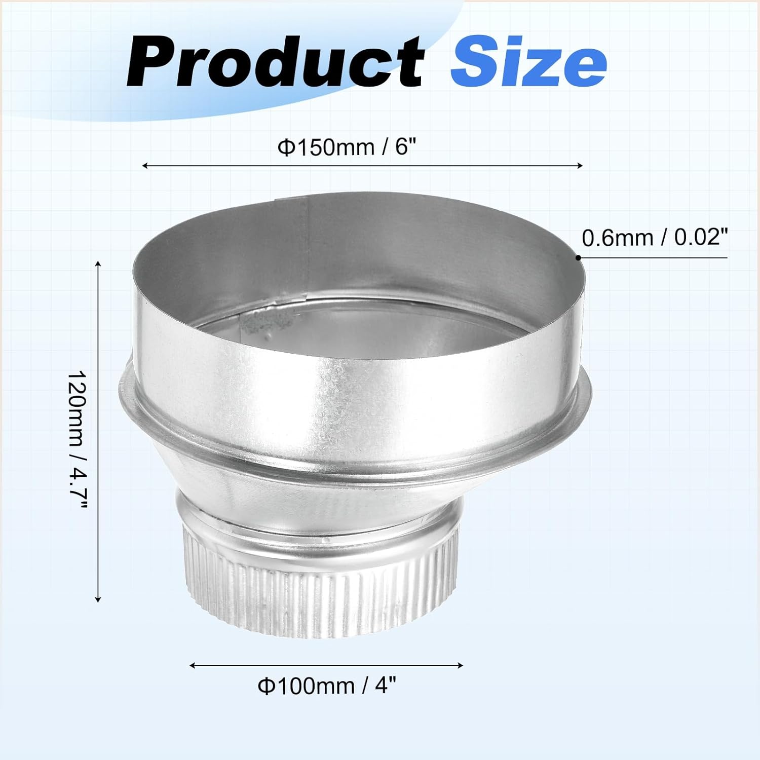 Eccentric Duct Reducer (6" to 4") - Galvanized Steel Crimped End Ducting Connector Increaser Round Air Duct Adapter Pipe Vent Inline Fitting for HVAC Ventilation System, Silver