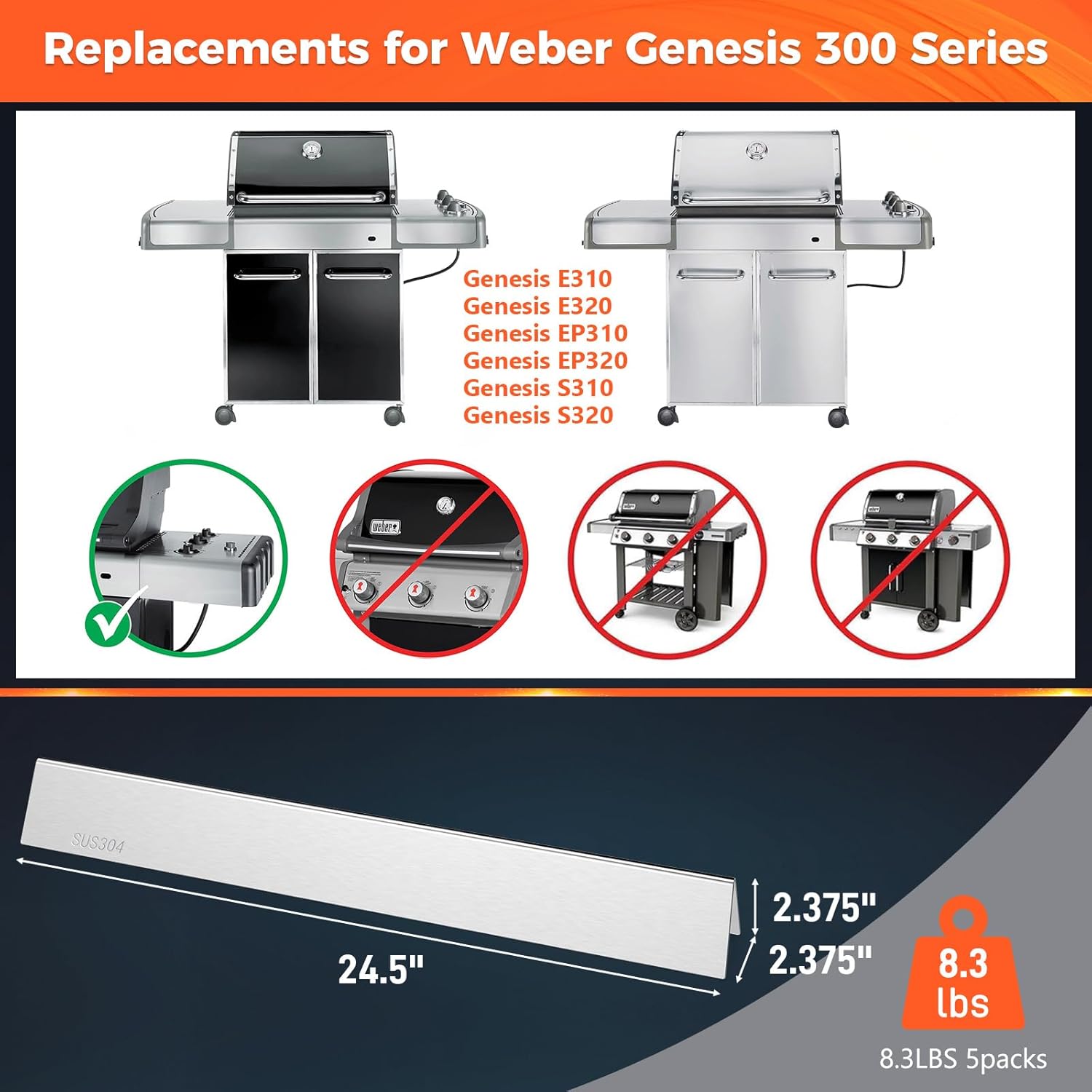 QuliMetal 24.5 Inch Flavorizer Bars and 9.5MM Grates for Weber Genesis 300 Series Grills with Side Controls Knobs, Genesis E310 E320 S310 S320 EP310 EP320