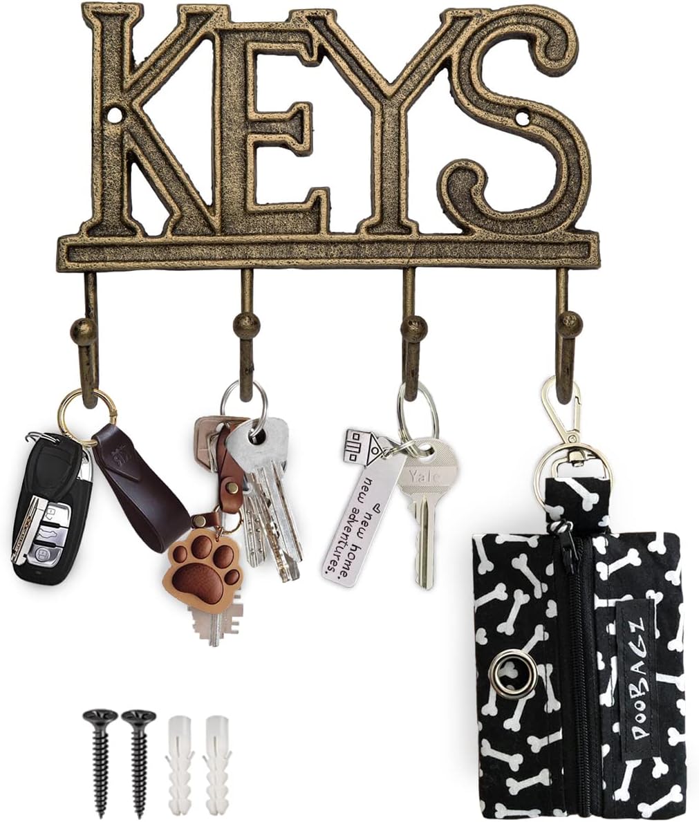 Comfify Key Holder for Wall - Decorative Farmhouse Rustic Wall Mount Key Organizer with 4 Hooks - Vintage Cast Iron Key Rack with Screws and Anchors – 6x8 - Gold with Black