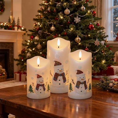 Miniatura 3 de DRomance  Velas sin llama de muñeco de nieve a pilas, con control remoto y temporizador cera real, mecha 3D, parpadeantes, velas LED pintadas de