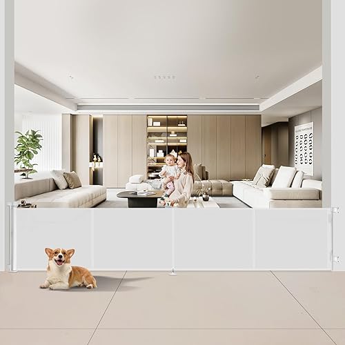 Miniatura 21 de Puertas de bebé retráctiles de 59 pulgadas, puerta retráctil de 34 pulgadas de alto con diseño de tira reforzada para evitar que los bebés se