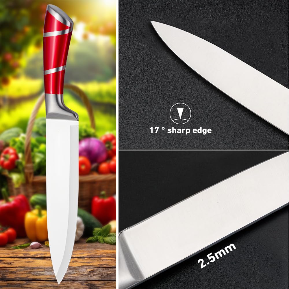 KEPEAK Set de Couteaux de Cuisine 9 Pièces avec Bloc Acrylique Rotatif – Couteaux de Chef Tranchants en Acier Inoxydable avec Fusil à Aiguiser – Pour Couper, Hacher, Émincer – Rouge