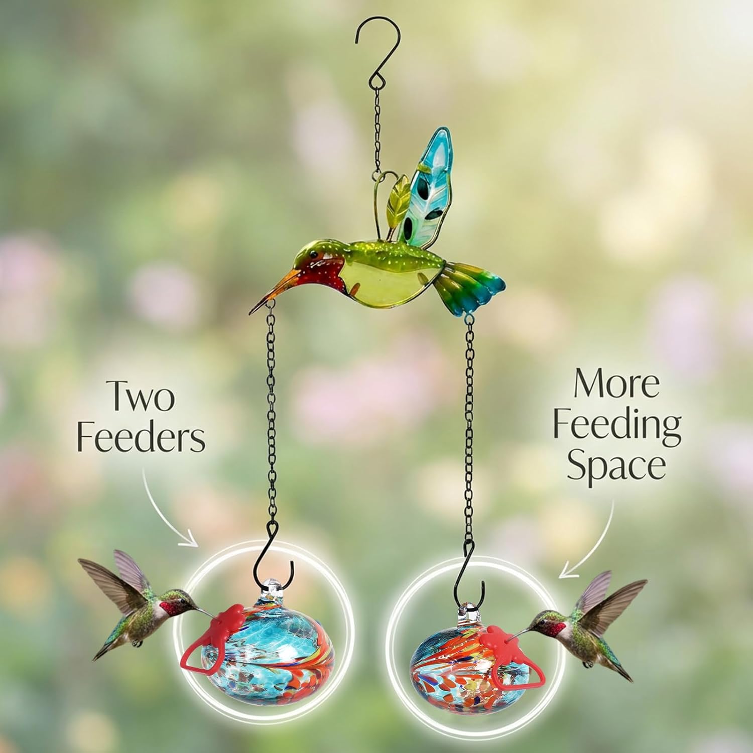 Headak Life Hand Blown Glass Hummingbird Feeder–Unique Hummingbird Feeders for Outdoors Hanging with Hummingbird Orament and Upgraded Sturdy Iron Chains,Hand-Painted Art for Garden Yard Decor