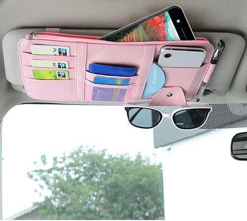 Logctee Organizador de visera solar para automóvil, organizador multifuncional de cuero para lentes de sol, soporte para lentes de sol con