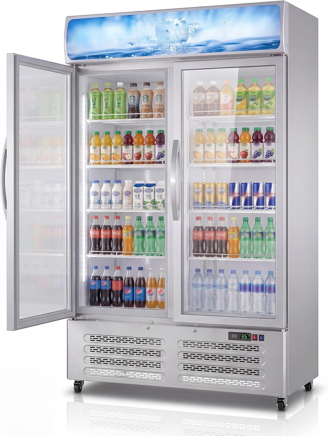 GAOMON Commercial Merchandiser Refrigerator, 25.3 Cu Ft Beverage Cooler with Glass Doors, LED Lightbox & Universal Casters for Convenience Stores, Bars, White