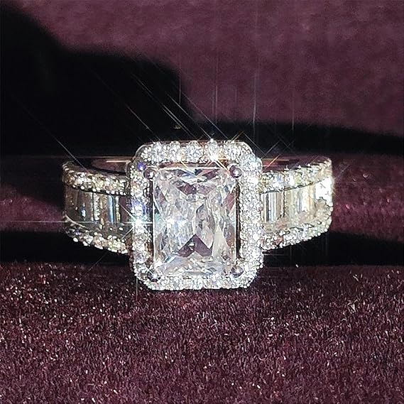 925 Plated Silver Shiny Full Diamond Ring Square Cut 3Ct Cubic Zirconia Cocktail Rings CZ Multi Row Diamond Ring Eternity Engagement Wedding Band Ring for Women's Size S