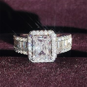 925 Plated Silver Shiny Full Diamond Ring Square Cut 3Ct Cubic Zirconia Cocktail Rings CZ Multi Row Diamond Ring Eternity Engagement Wedding Band Ring for Women's Size S