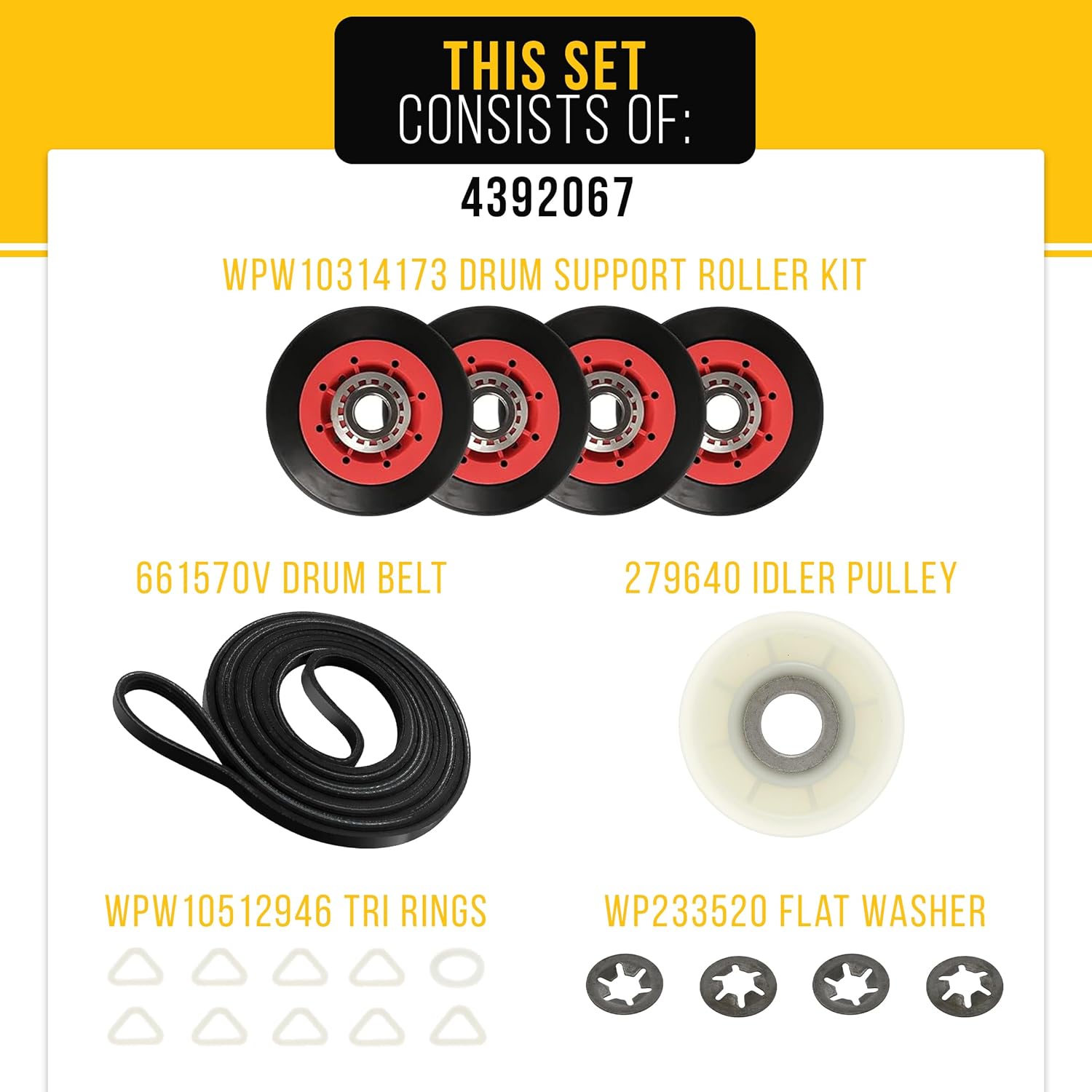 PartsBroz Dryer Repair Kit for Whirlpool WED92HEFW0 Dryer Repair Kit Replacement with Idler Pulley, Drive Belt, Drum Roller