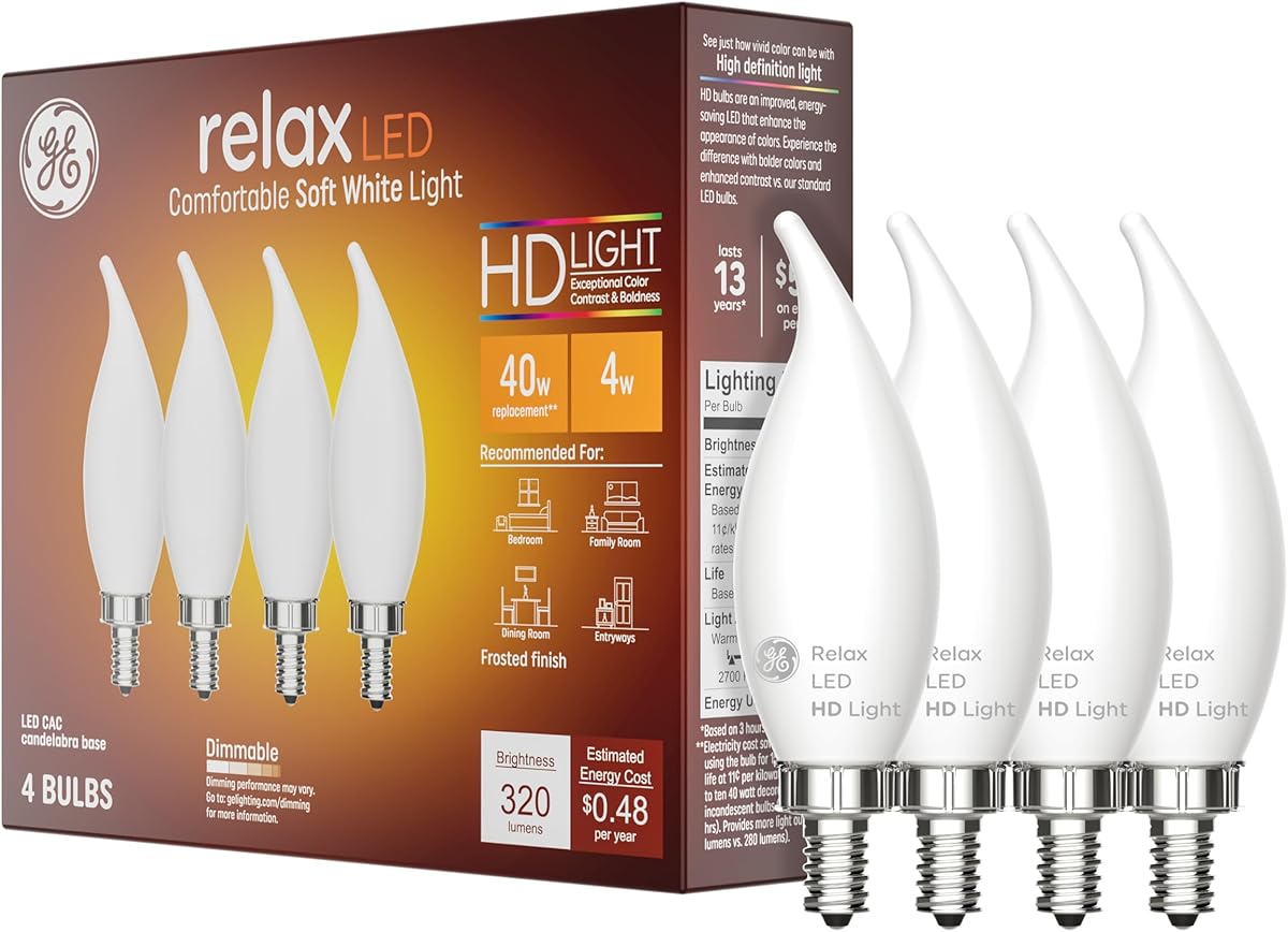 GE Relax LED Light Bulbs, 40 Watt, Soft White Candle Lights, Decorative Light Bulbs, Frosted, Small Base (36985), 4 Bulbs