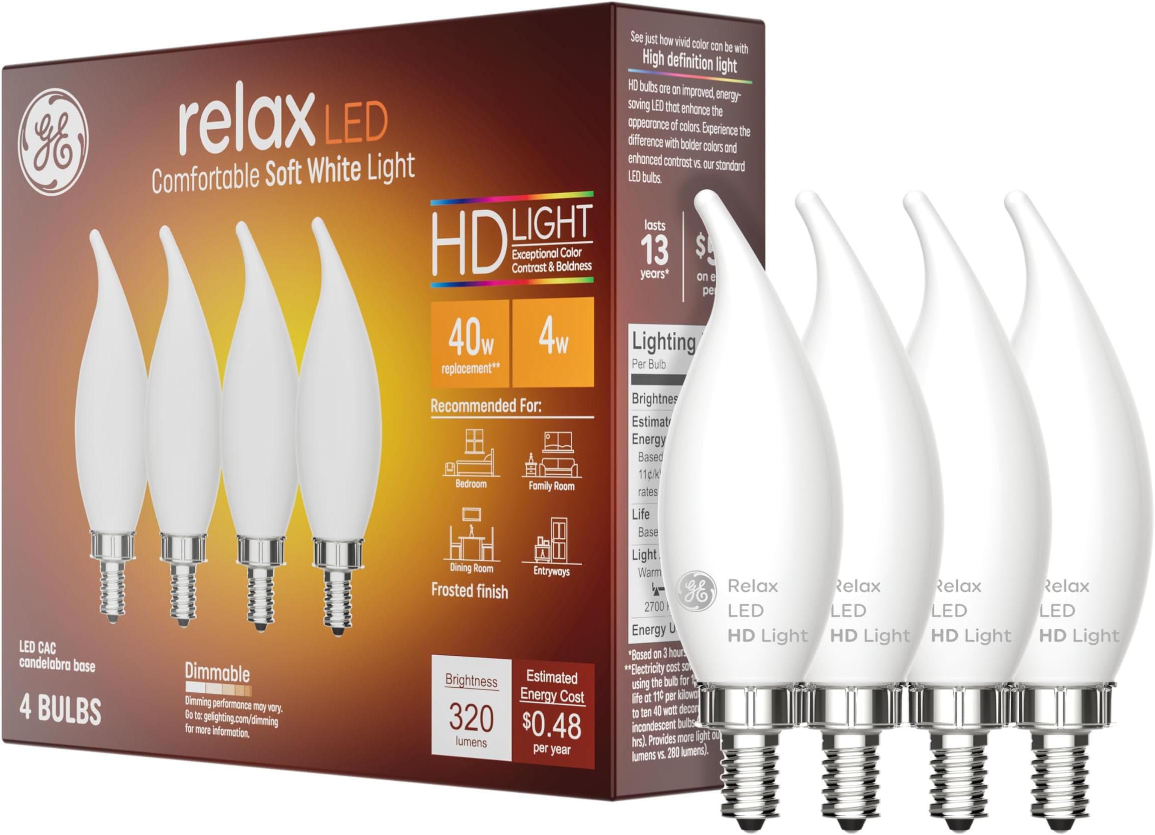 GE Relax LED Light Bulbs, 40 Watt, Soft White Candle Lights, Decorative Light Bulbs, Frosted, Small Base (36985), 4 Bulbs