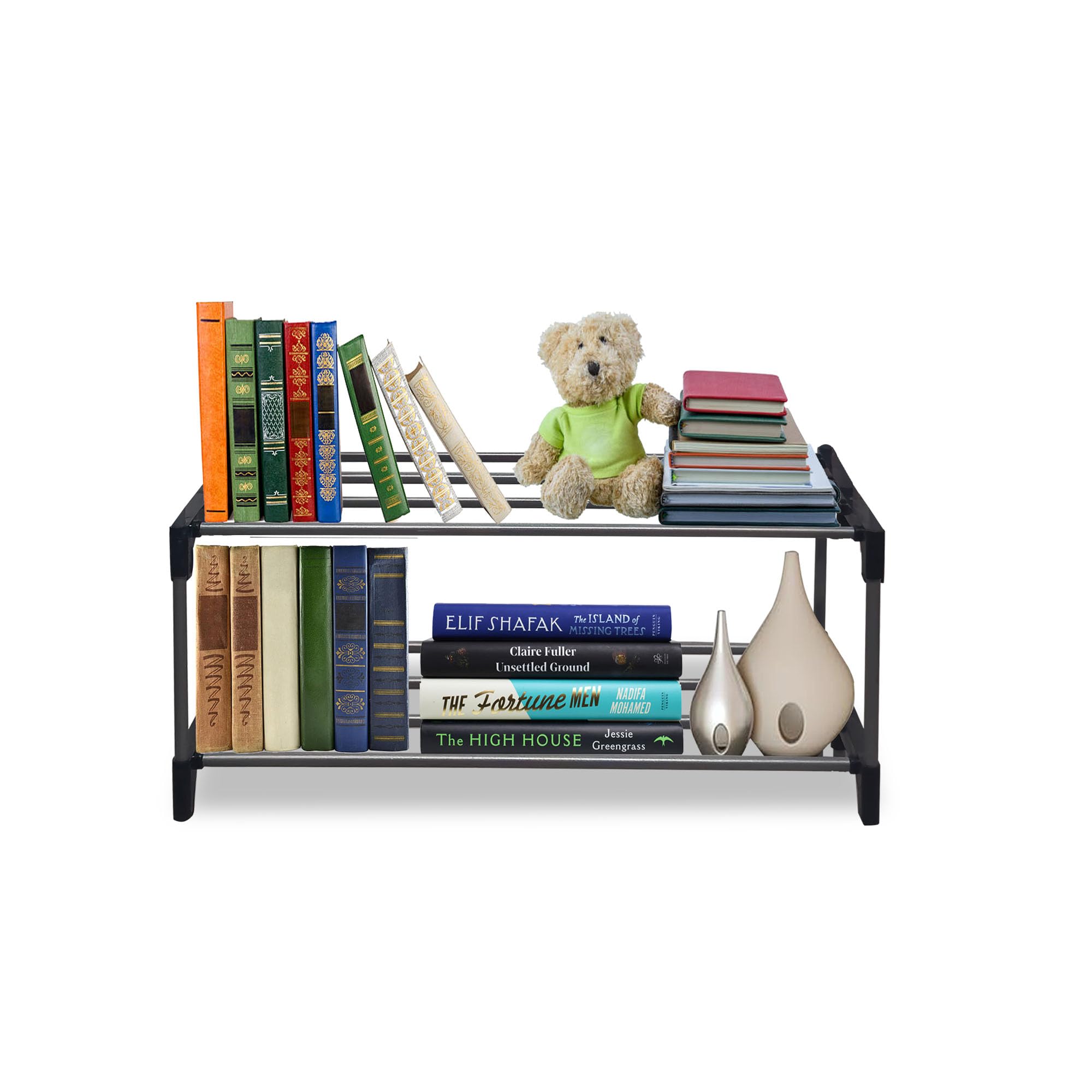PHILOSHOP Modern 2 Tier Tall Narrow Metal Bookshelf for Home | Floor Mount Steel Rack Shelf | Book Organizer & Storage Rack | Book Shelves Cabinet for Living Room, Study & Office