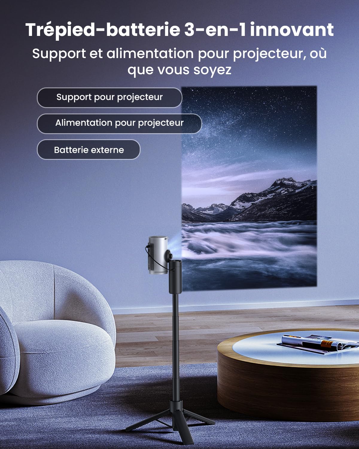 JMGO Power Bank 20 000 mAh 65 W Trépied réglable pour Projecteur PicoPlay PicoPlay+ PicoFlix N1S Nano