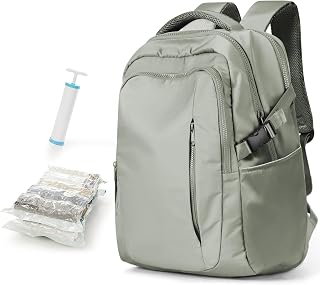Travel Backpack with 2 Pack Vacuum Bags and Hand Pump, Personal item Backpacks Vacuum Storage Bags for Women Men, Travel Essentials Space Saving Compression Bag for Backpack,Luggage,Suitcase, Green