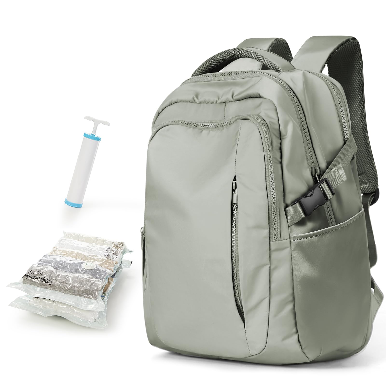 Travel Backpack with 2 Pack Vacuum Bags and Hand Pump, Personal item Backpacks Vacuum Storage Bags for Women Men, Travel Essentials Space Saving Compression Bag for Backpack,Luggage,Suitcase, Green