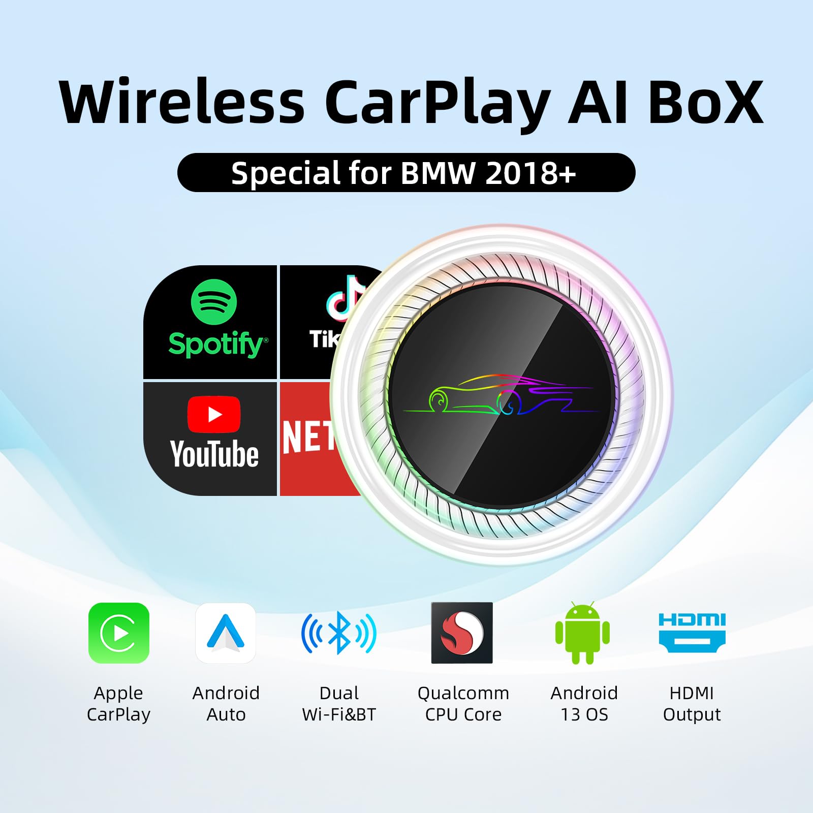 EZoneTronics bezprzewodowy adapter samochodowy CarPlay i Android do BMW 2018+ i innych pojazdów z bezprzewodowym systemem CarPlay, Android 13 Upgrade AI Box with 8G+128G, Netflix, YouTube, GPS, Dual
