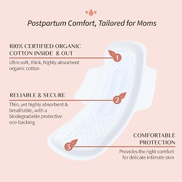 Organyc Home Postpartum Pads, Certified Organic Cotton Pads for Women, Large Pads for Heavy Flow Days After Childbirth, 14 Counts