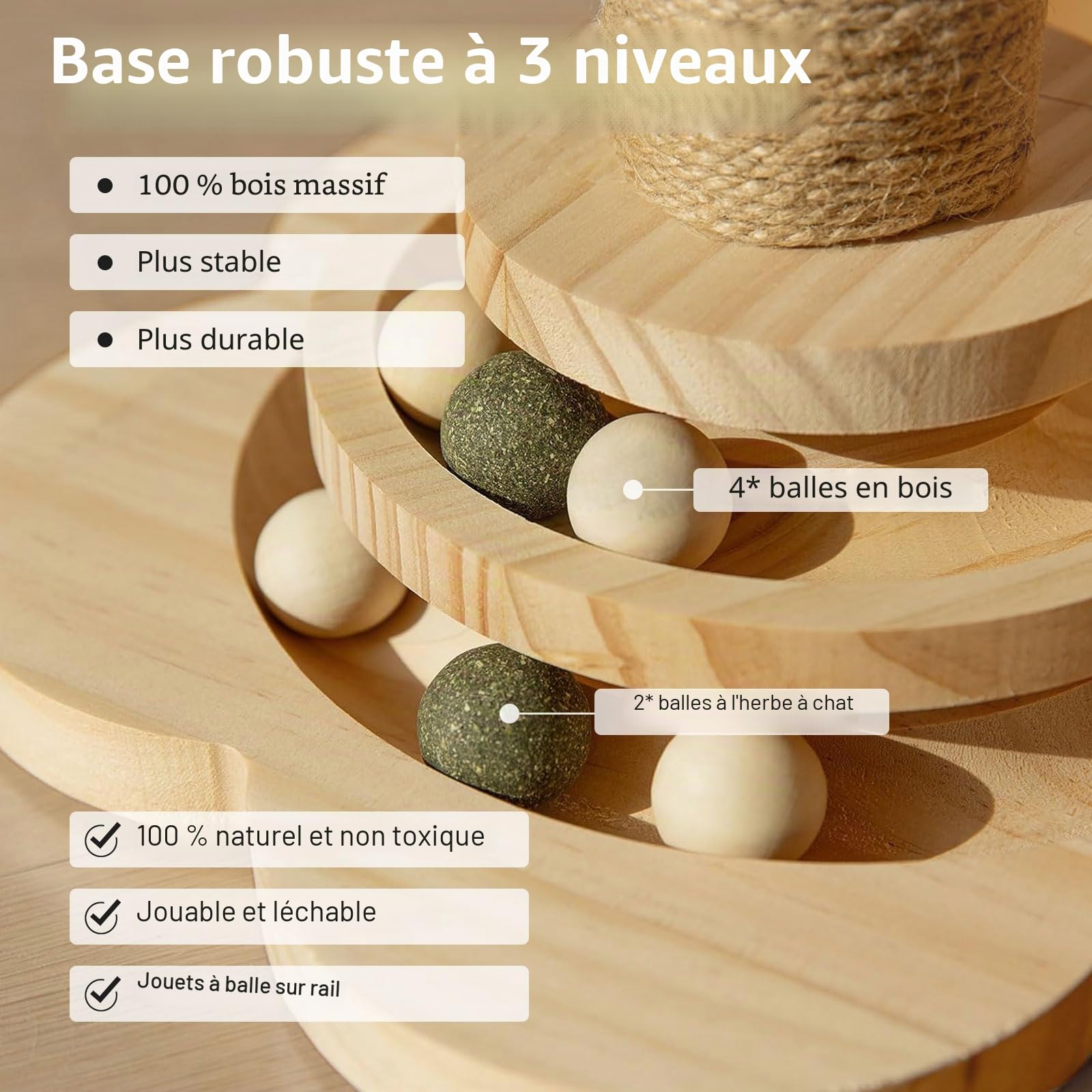 Arbre à chat en sisal naturel – Grattoir robuste pour petits chats d'intérieur – Jouet pour chaton avec griffoirs, plateforme de jeu et jouets – Assemblage facile – Design peu encombrant (45 cm de