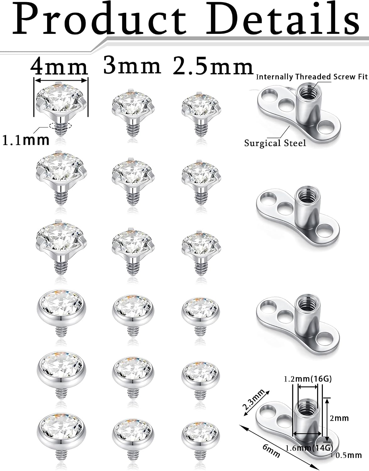 Dermal Anchor Tops and Base 14G Cubic Zirconia Surgical Steel Microdermals Body Piercings Jewelry Punk Micro Internally Threaded Dermal Stud Piercing for Women Men 2.5mm 3mm 4mm