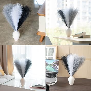 Faux Pampas Grass Decor, 18/45cm Artificial Pampas Grass Fluffy 6 Stem pompous Flower Arrangement for Boho Home Wedding Decoration (Black,White,Grey)