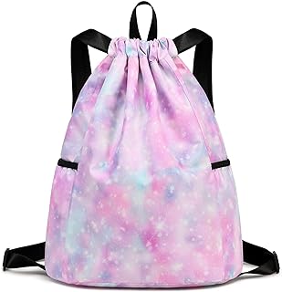 Kids Drawstring Bag - Swim Sports Beach Camp Backpack for Boys & Girls, Galaxy Pink