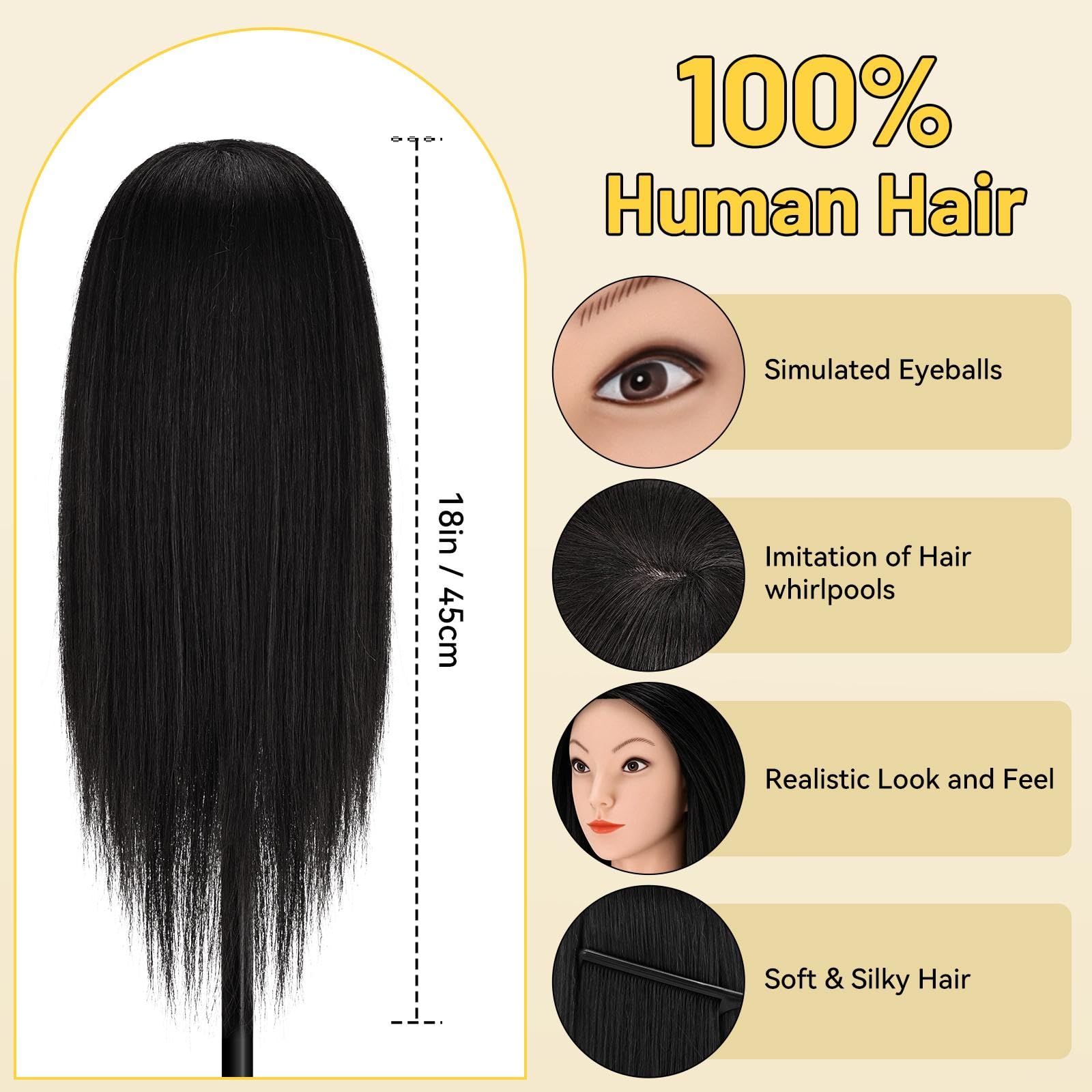 Yofuly Friseur-Trainingskopf, 45,7 cm, 100 % Echthaar, Manikin-Kosmetologie-Puppenkopf zum Flechten & Haarstyling, Übungskopf mit Tischklemme + DIY Zopf-Set (schwarz)