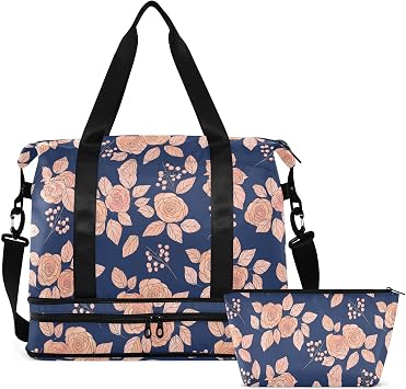 Rose Berry Navy Travel Duffel Bag for Women Men Gym Bag with Shoe Compartment Wet Pocket Carry On Weekender Overnight Bags for Airline Travel Gym