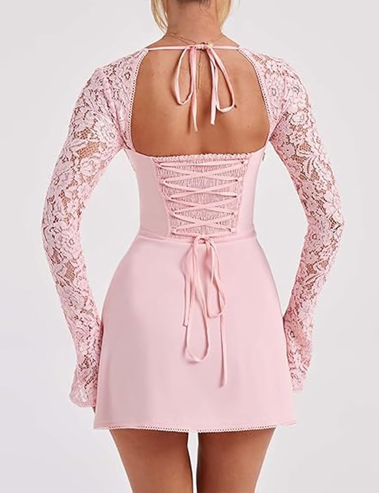 Amazon.com: Women 's Elegant Bodycon Dress Lace Patchwork Long Sleeve Low  Cut Mini Dress Backless Tie-up Going Out Dress(Pink-M) : Clothing, Shoes &  Jewelry