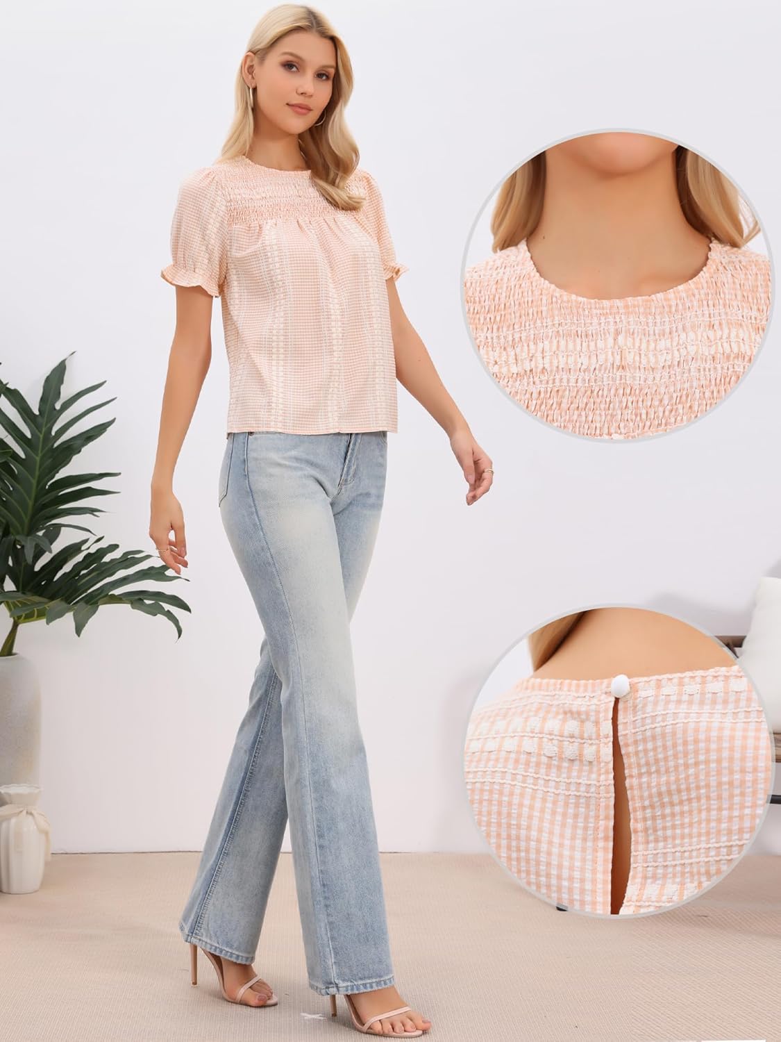 Allegra K Gingham Tops for Women's Peasant Plaid Smocked Ruffle Puff Sleeve Blouses - Image 4