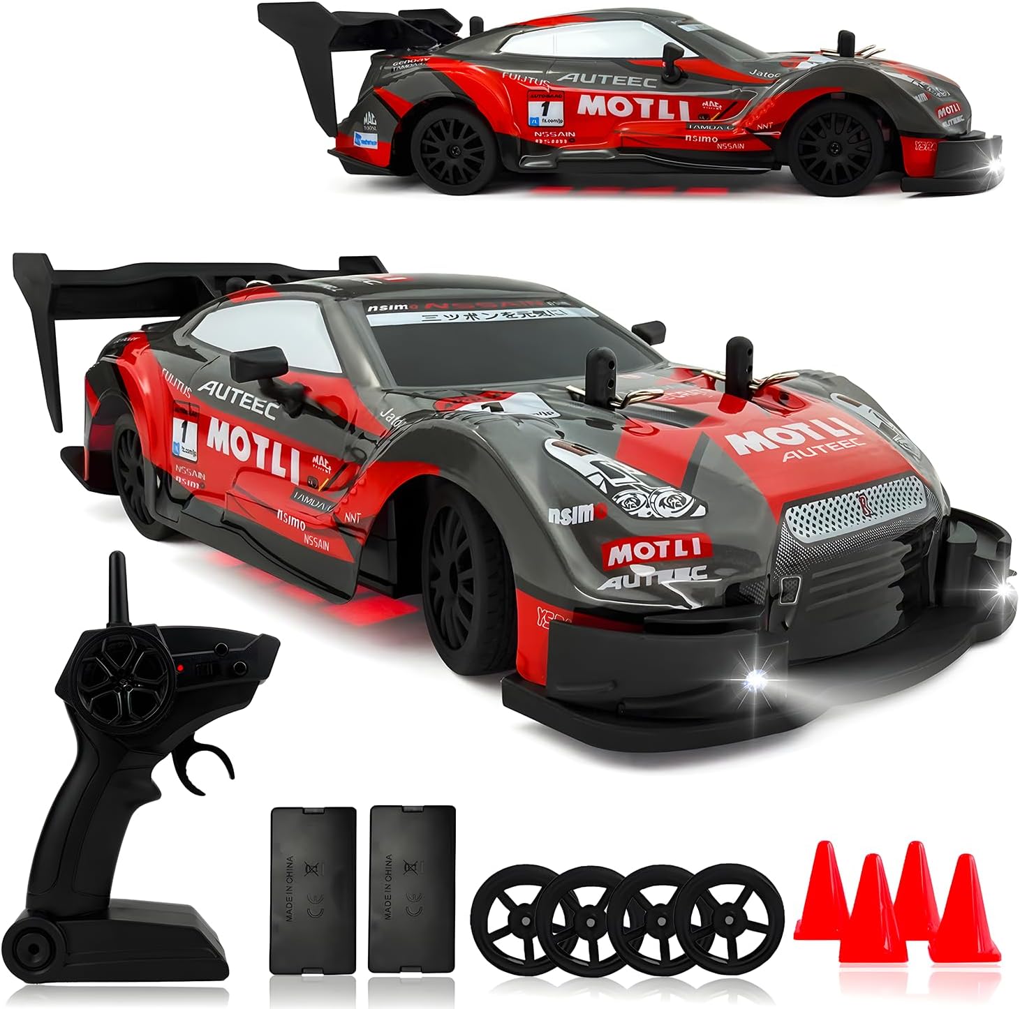 1:20 RC Drift Car for Kids,4WD 2.4GHz 30KM/H High Speed Remote Control Car, Racing Sport Toy Car with LED Lights,Drifting Tires＆2 Batteries (Red 01)